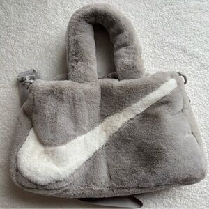 Nike Grey and White Faux Fur Swoosh Tote Bag